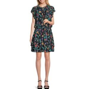 $445 Ramy Brook Rowena Navy Floral Tiered Mini Dress Size M